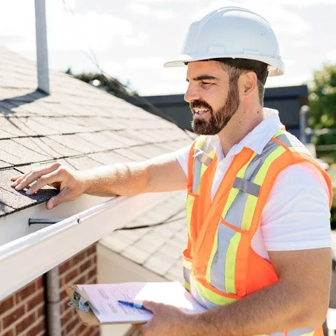Roof inspector checking shingles with a clipboard