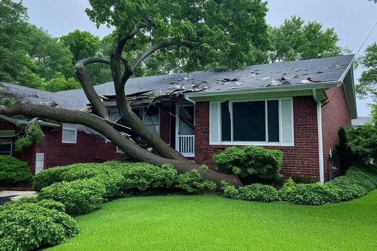 Home with storm damage from a fallen tree
